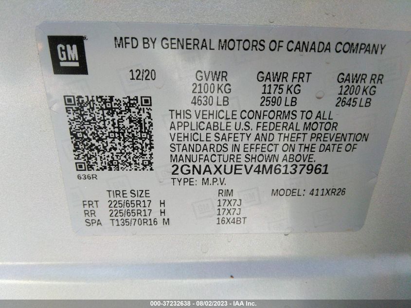 2021 CHEVROLET EQUINOX LT - 2GNAXUEV4M6137961