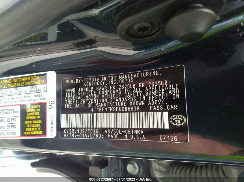 2015 TOYOTA CAMRY XLE/SE/LE/XSE - 4T1BF1FK8FU086838
