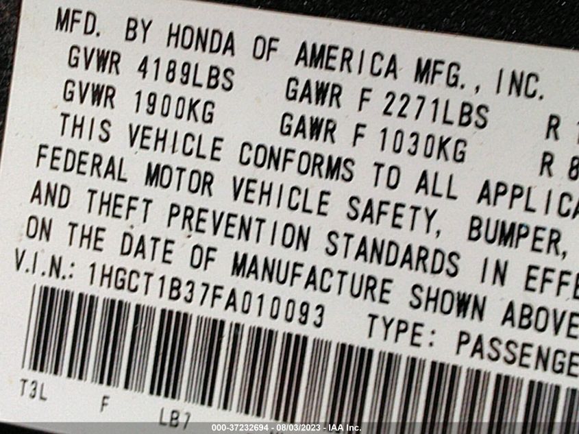 2015 HONDA ACCORD COUPE LX-S - 1HGCT1B37FA010093