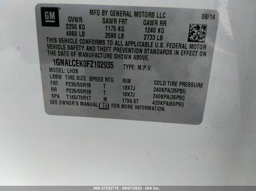 2015 CHEVROLET EQUINOX LT - 1GNALCEK0FZ102935