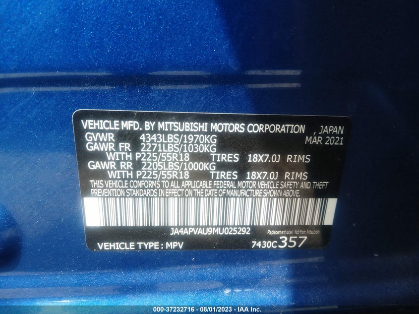 VIN JA4APVAU9MU025292 2021 MITSUBISHI OUTLANDER SPORT SE