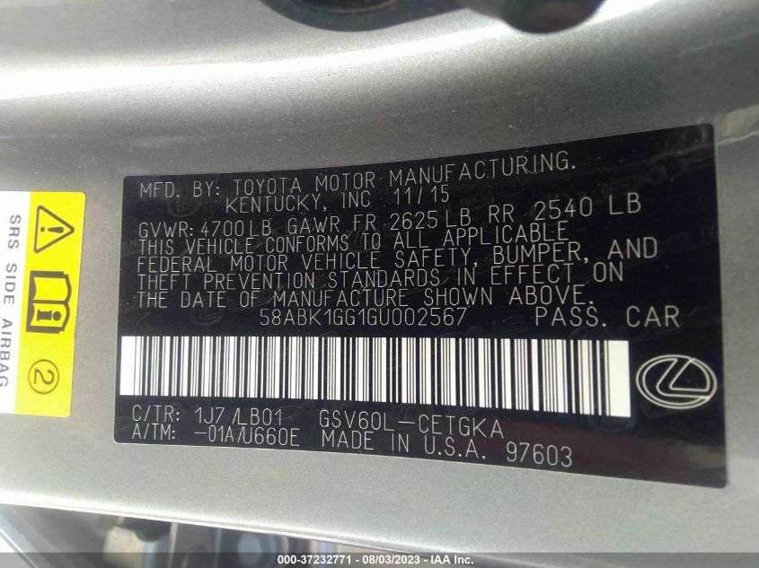 2016 LEXUS ES 350 - 58ABK1GG1GU002567