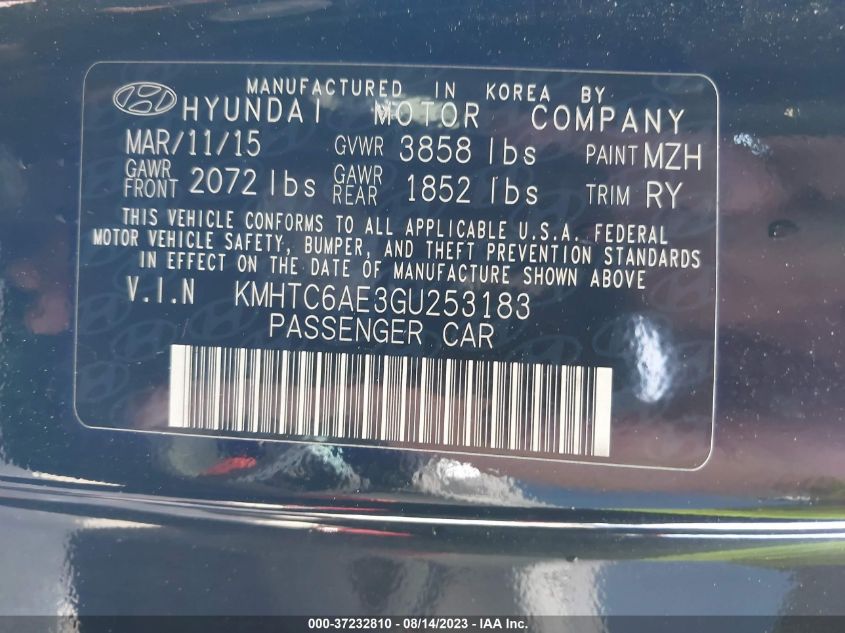 2016 HYUNDAI VELOSTER TURBO - KMHTC6AE3GU253183