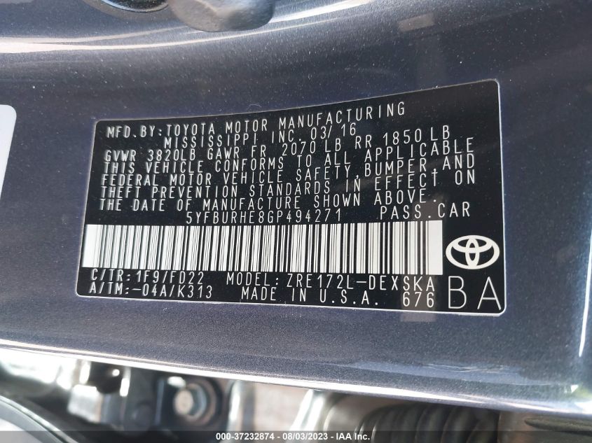 2016 TOYOTA COROLLA L/LE/LE PLS/PRM/S/S PLS - 5YFBURHE8GP494271