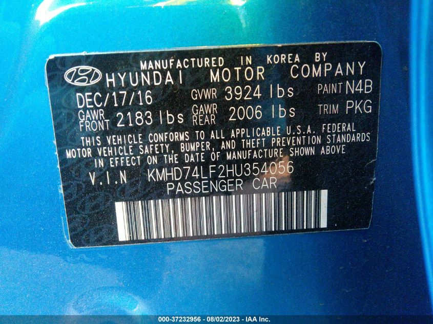 2017 HYUNDAI ELANTRA SE - KMHD74LF2HU354056