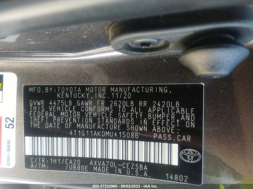 2021 TOYOTA CAMRY SE - 4T1G11AK0MU415086