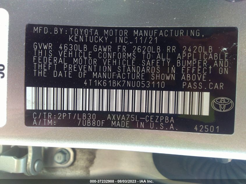 2022 TOYOTA CAMRY XSE - 4T1K61BK7NU053110
