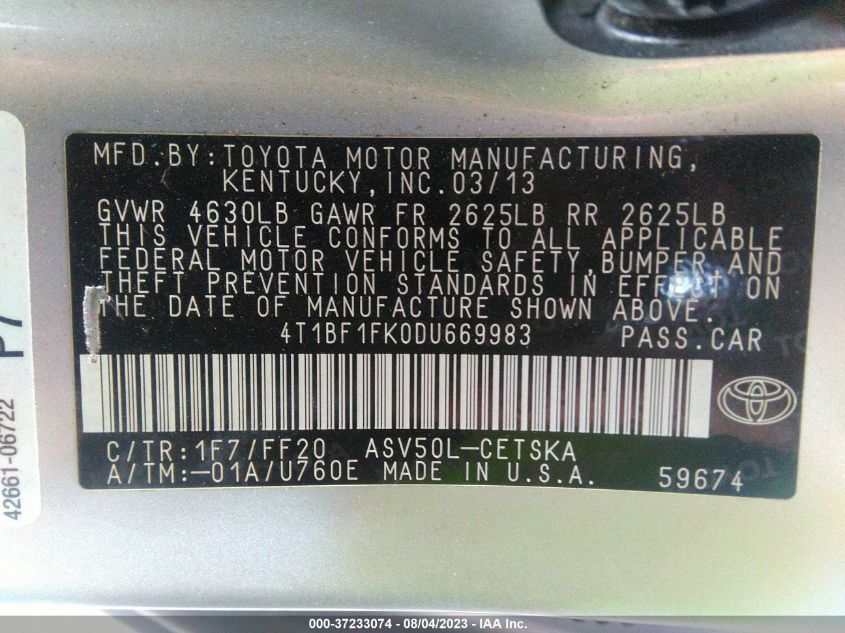 2013 TOYOTA CAMRY L/SE/LE/XLE - 4T1BF1FK0DU669983