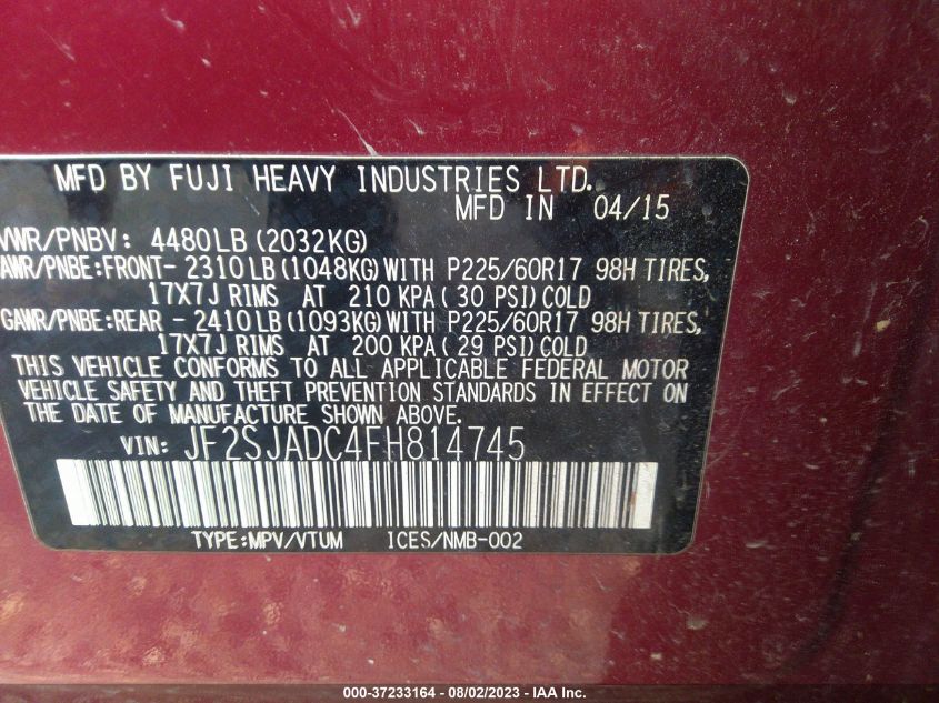 2015 SUBARU FORESTER 2.5I PREMIUM - JF2SJADC4FH814745