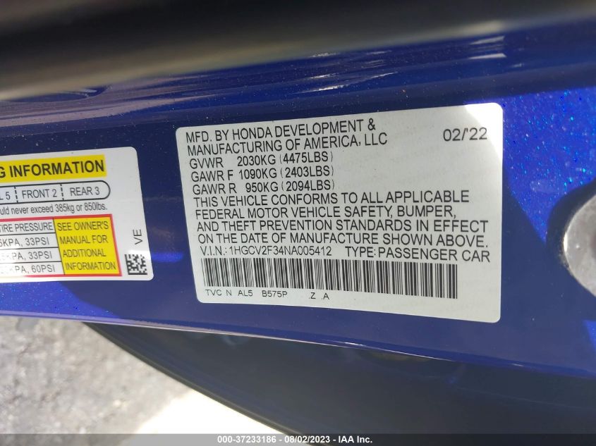 2022 HONDA ACCORD SEDAN SPORT - 1HGCV2F34NA005412