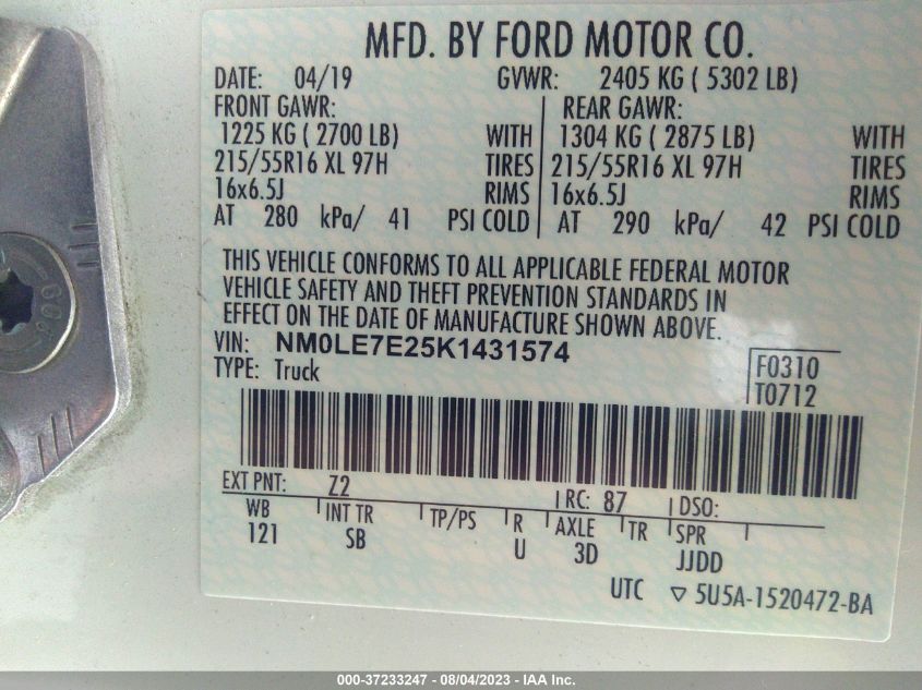 2019 FORD TRANSIT CONNECT VAN XL NM0LE7E25K1431574