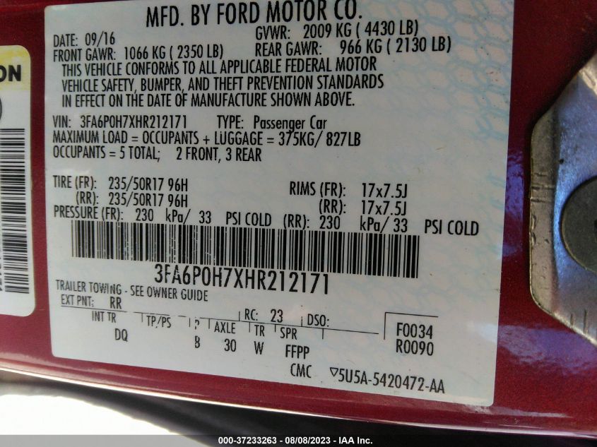 2017 FORD FUSION SE - 3FA6P0H7XHR212171