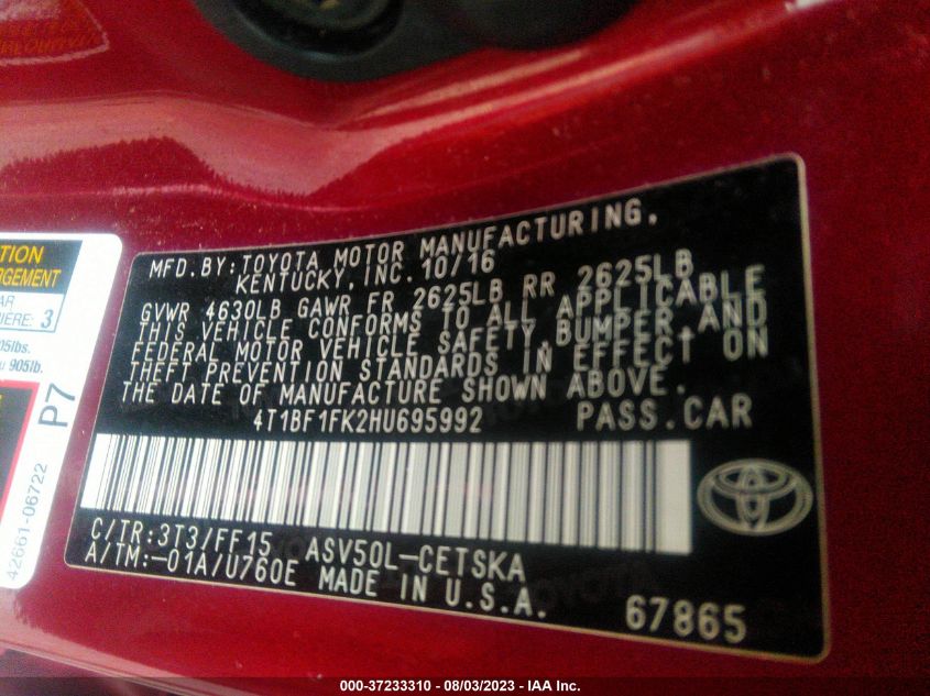 2017 TOYOTA CAMRY XLE/SE/LE/XSE - 4T1BF1FK2HU695992