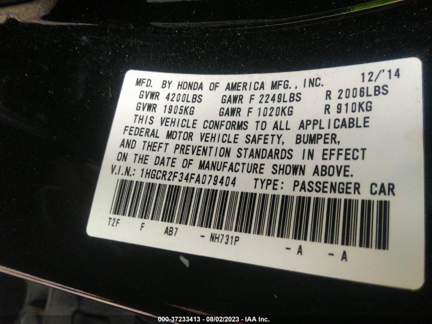 2015 HONDA ACCORD SEDAN LX - 1HGCR2F34FA079404