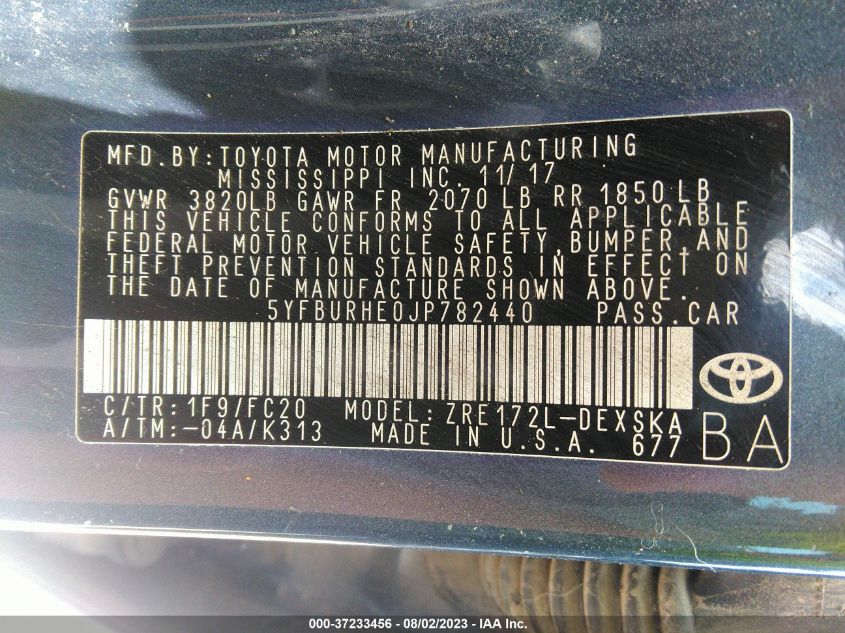 2018 TOYOTA COROLLA L/LE/XLE/SE/XSE - 5YFBURHE0JP782440