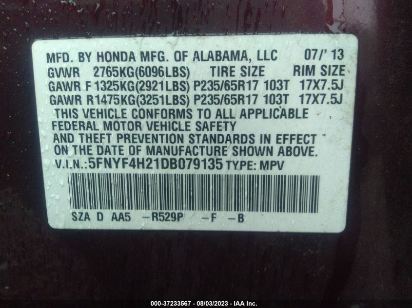 2013 HONDA PILOT LX - 5FNYF4H21DB079135