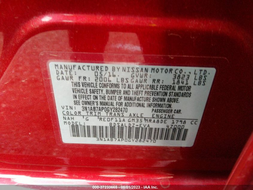2016 NISSAN SENTRA SV - 3N1AB7AP0GY282470