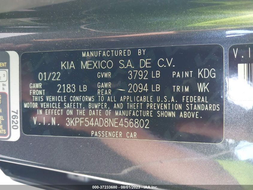 2022 KIA FORTE GT LINE - 3KPF54AD8NE456802