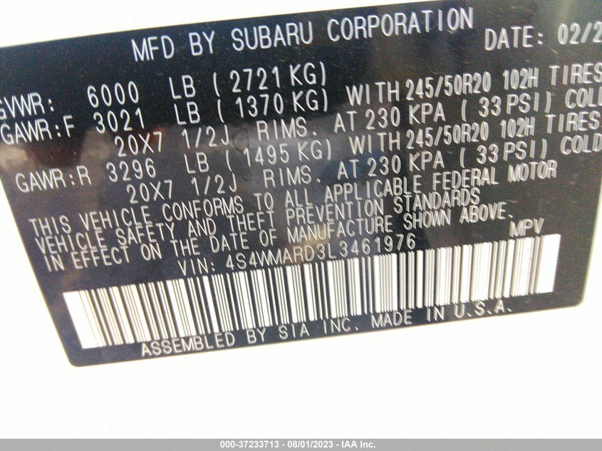 VIN 4S4WMARD3L3461976 2020 SUBARU ASCENT TOURING
