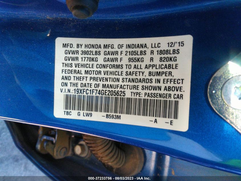 2016 HONDA CIVIC SEDAN EX-L - 19XFC1F74GE205625