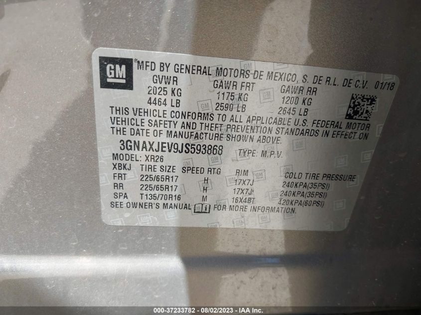 2018 CHEVROLET EQUINOX LT - 3GNAXJEV9JS593868