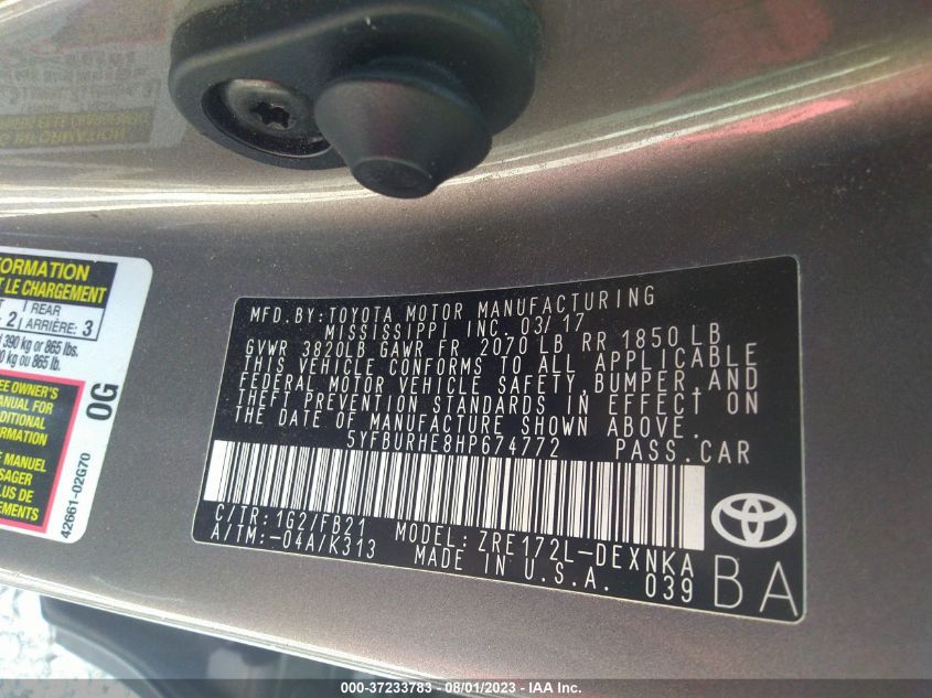 2017 TOYOTA COROLLA L/LE/XLE/SE - 5YFBURHE8HP674772