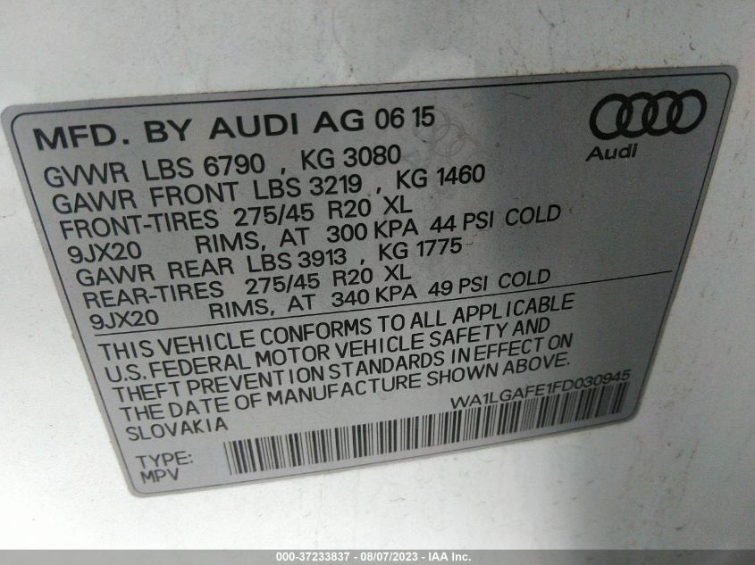 VIN WA1LGAFE1FD030945 2015 AUDI Q7 no.9