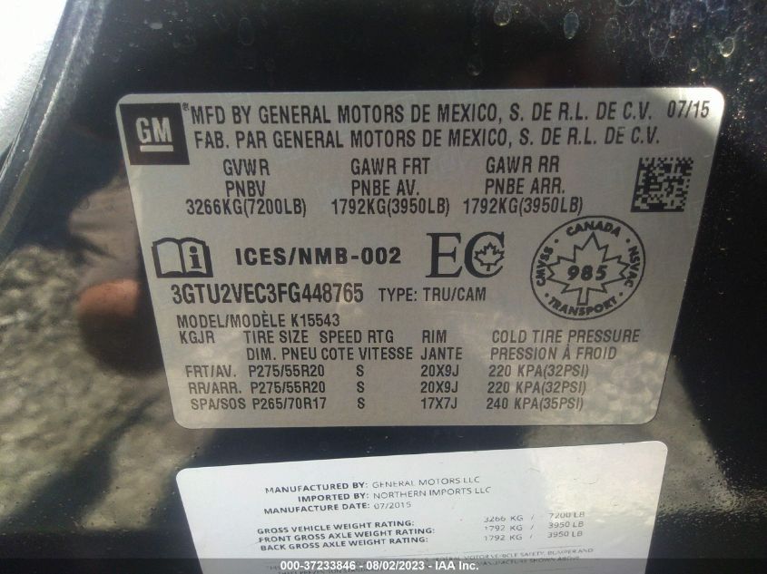 2015 GMC SIERRA 1500 SLT - 3GTU2VEC3FG448765