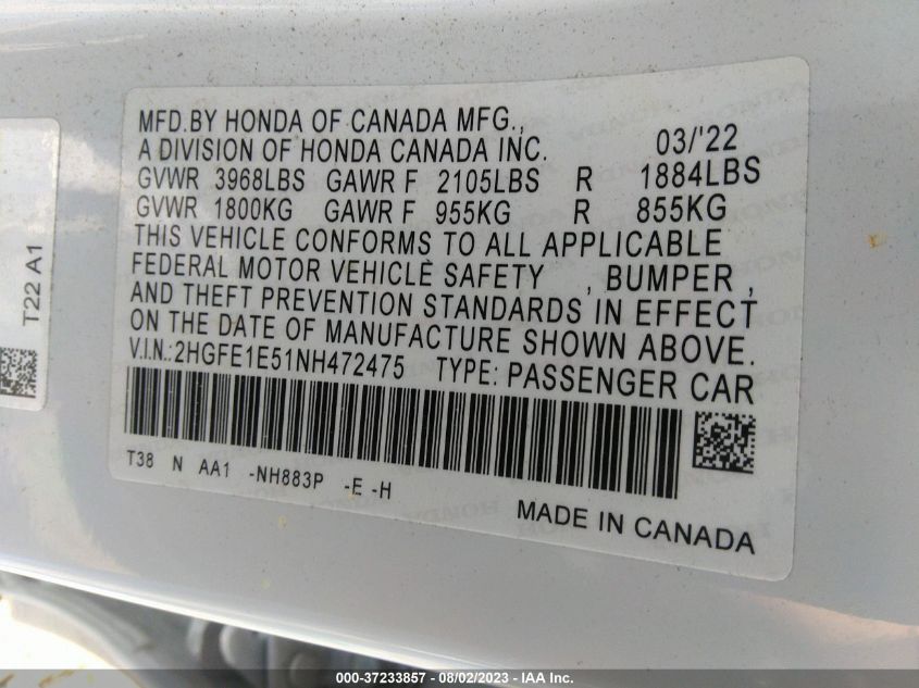 2HGFE1E51NH472475 Honda Civic Si  9