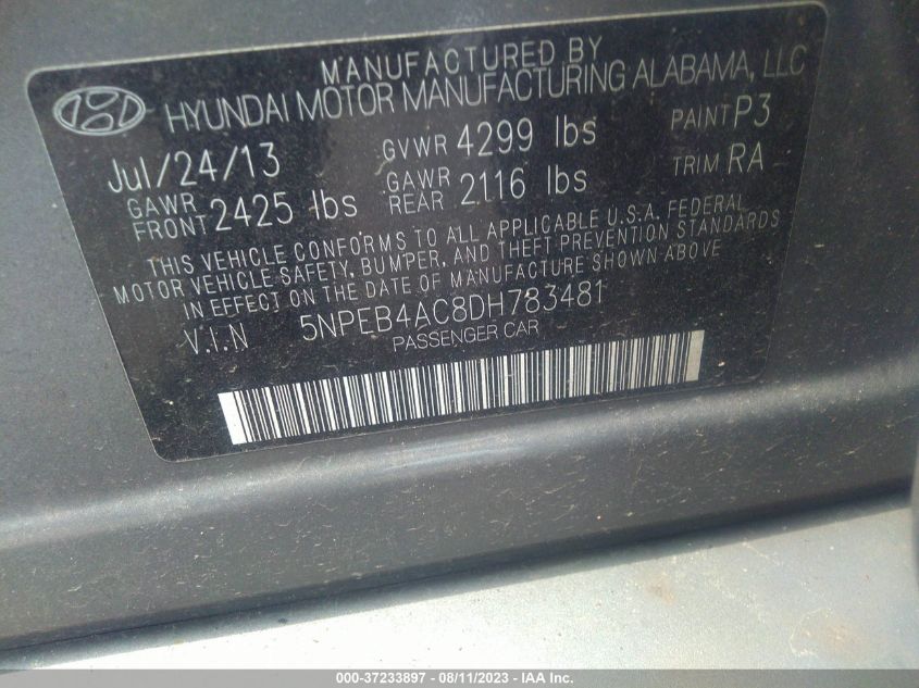 2013 HYUNDAI SONATA GLS PZEV - 5NPEB4AC8DH783481