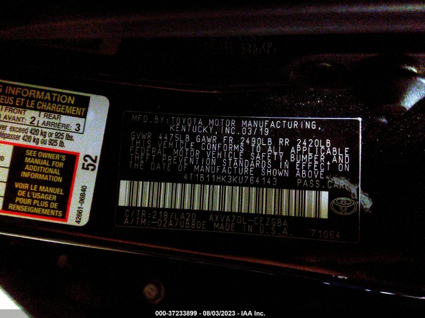 2019 TOYOTA CAMRY LE/SE/XLE/L - 4T1B11HK3KU764143
