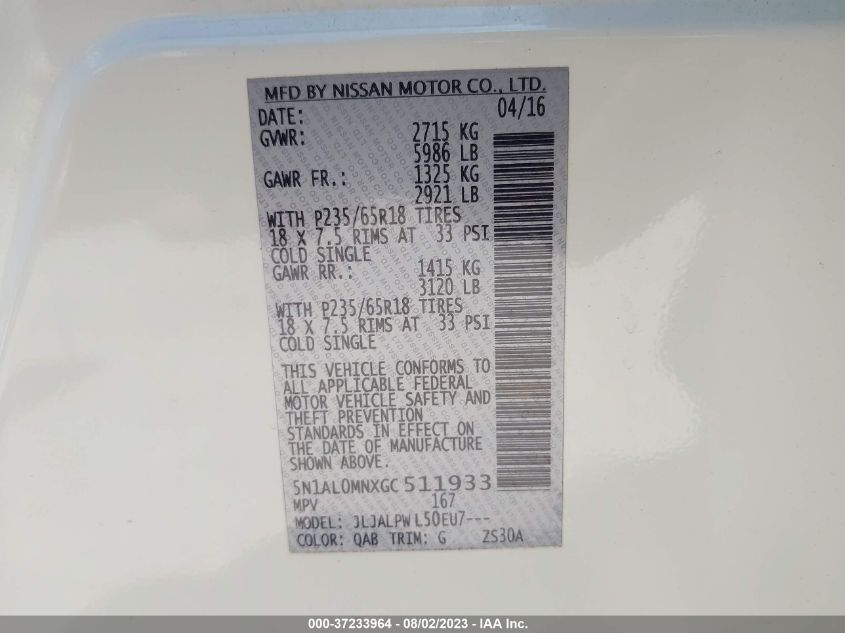 2016 INFINITI QX60 - 5N1AL0MNXGC511933