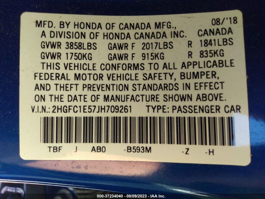 2018 HONDA CIVIC SI SEDAN 2HGFC1E57JH709261