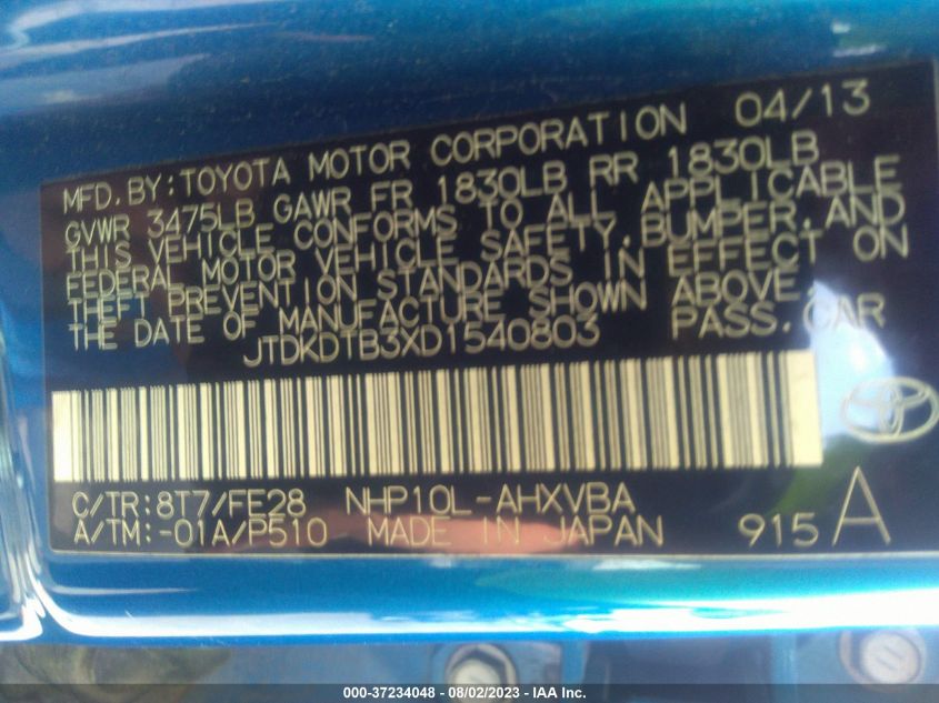 2013 TOYOTA PRIUS C ONE/TWO/THREE/FOUR - JTDKDTB3XD1540803