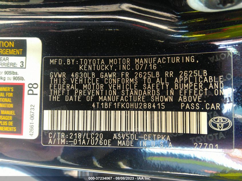 2017 TOYOTA CAMRY XLE/SE/LE/XSE - 4T1BF1FK0HU288415