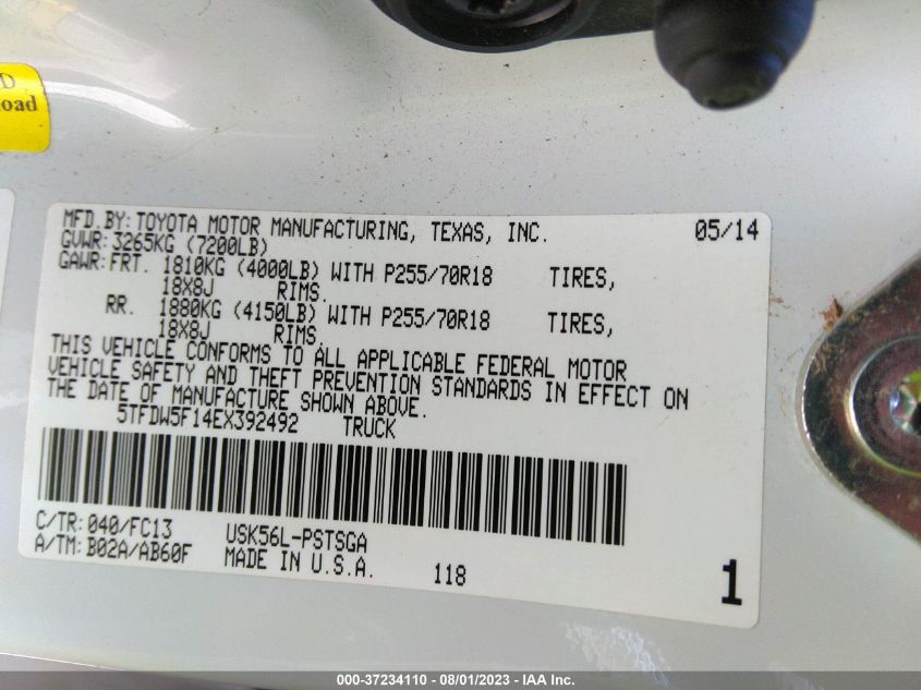 2014 TOYOTA TUNDRA 4WD TRUCK SR5 5TFDW5F14EX392492