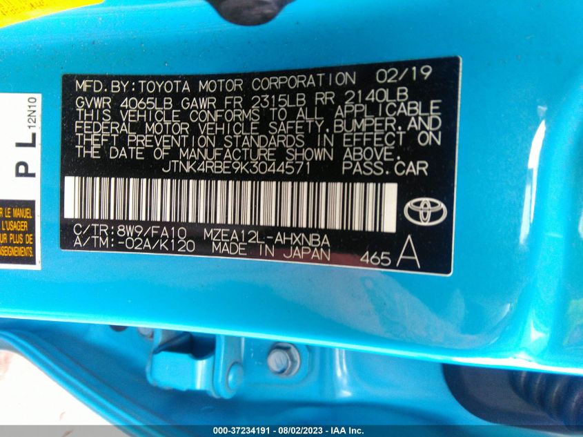 2019 TOYOTA COROLLA HATCHBACK SE/XSE JTNK4RBE9K3044571