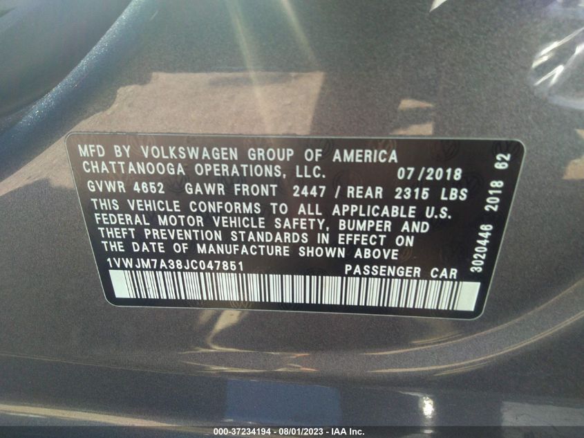 2018 VOLKSWAGEN PASSAT V6 GT - 1VWJM7A38JC047851