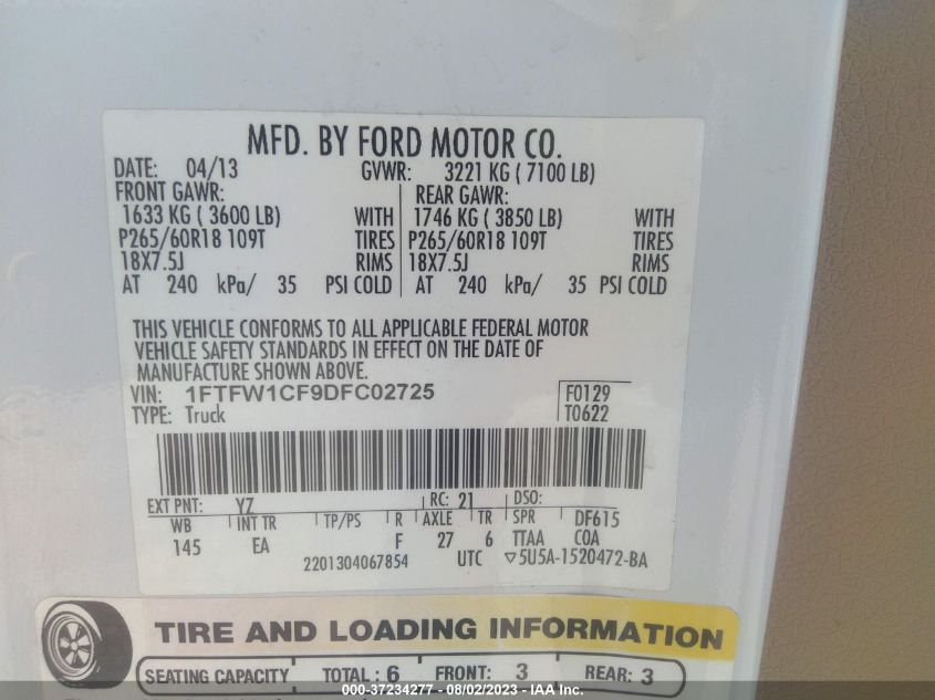 2013 FORD F-150 XL/XLT/FX2/LARIAT - 1FTFW1CF9DFC02725