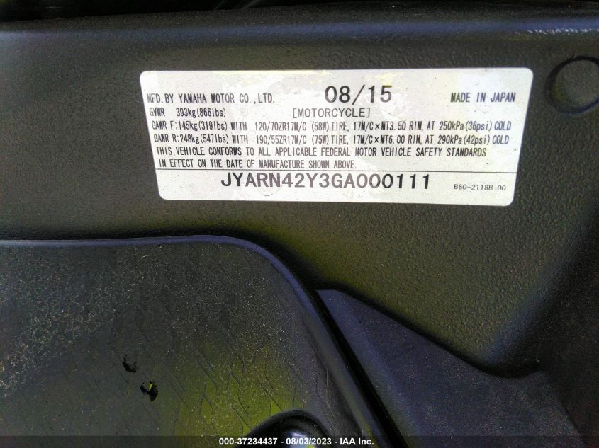 2016 YAMAHA YZFR1S C JYARN42Y3GA000111