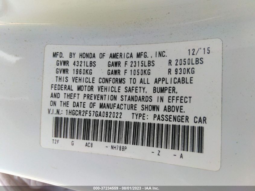 2016 HONDA ACCORD SEDAN SPORT - 1HGCR2F57GA092022