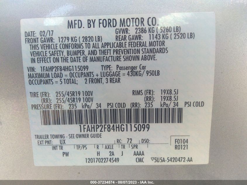 2017 FORD TAURUS LIMITED - 1FAHP2F84HG115099