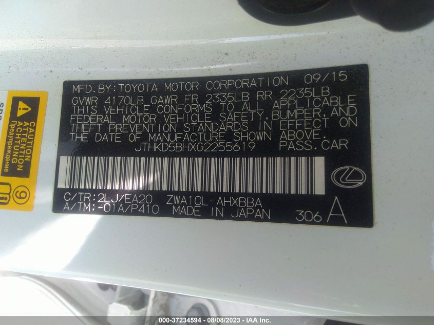 2016 LEXUS CT 200H HYBRID - JTHKD5BHXG2255619