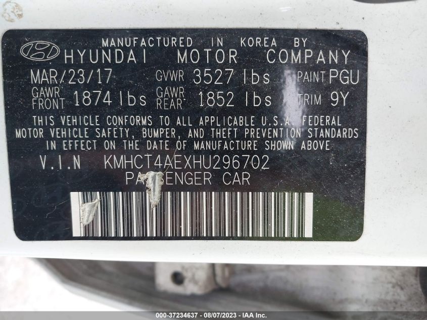 VIN KMHCT4AEXHU296702 2017 HYUNDAI ACCENT SE