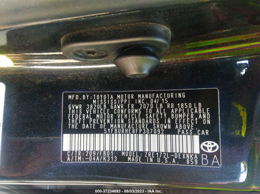 2015 TOYOTA COROLLA L/LE/S/S PLUS/LE PLUS - 5YFBURHE8FP307092