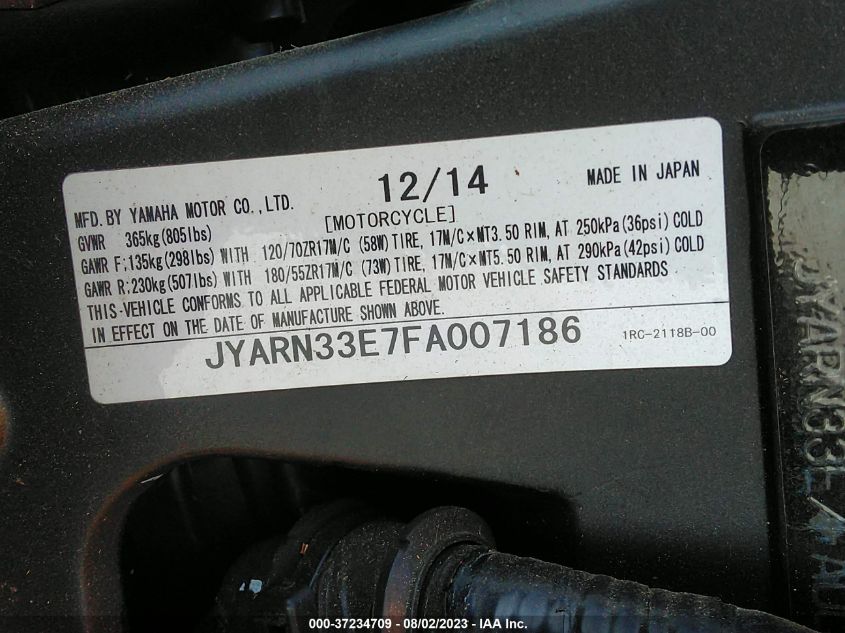 2015 YAMAHA FZ09 JYARN33E7FA007186