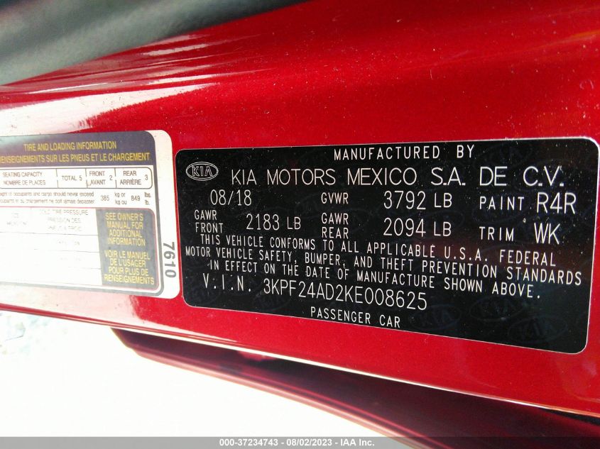 2019 KIA FORTE LXS - 3KPF24AD2KE008625