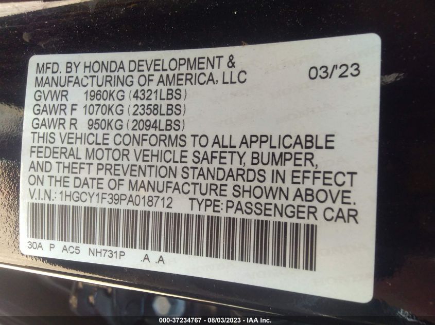 2023 HONDA ACCORD SEDAN EX - 1HGCY1F39PA018712