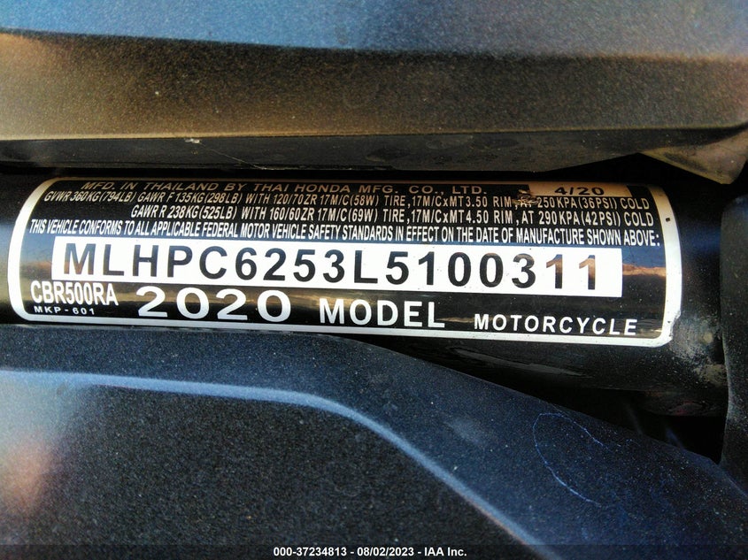 VIN MLHPC6253L5100311 2020 HONDA CBR500 RA