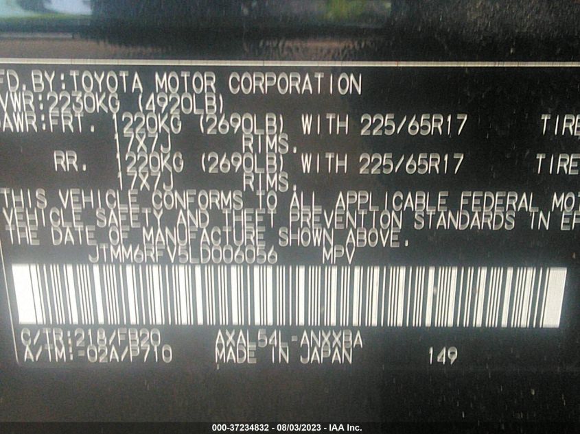 2020 TOYOTA RAV4 HYBRID LE - JTMM6RFV5LD006056